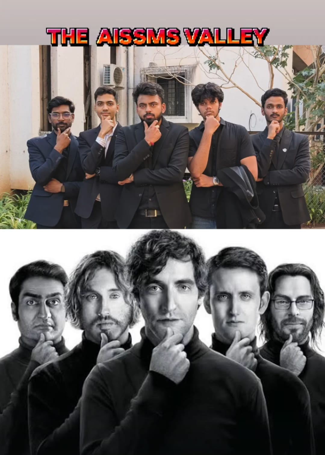 A collage titled The AISSMS Valley, comparing five friends posing with a Silicon Valley cast image.