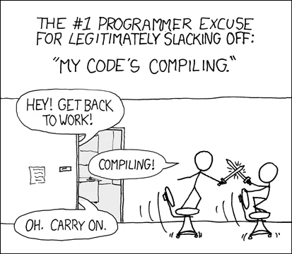 Two programmers sword-fighting on office chairs while their code compiles.