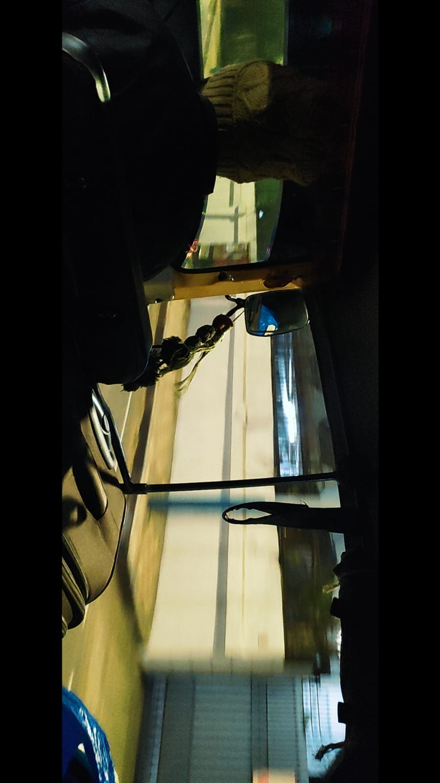 The view from inside an auto rickshaw, with the driver, mirror, seat, and street visible.